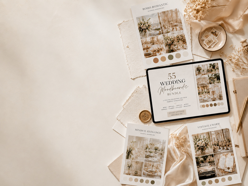 Wedding moodboard flatlay with color swatches, handwritten notes, fabric samples and dried flowers on a linen surface, warm light