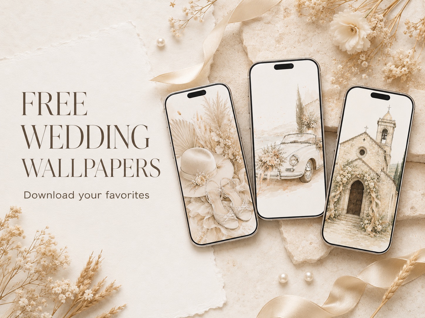 Smartphone displaying a soft wedding-themed wallpaper in cream and sage tones, flat lay on linen fabric with dried flowers